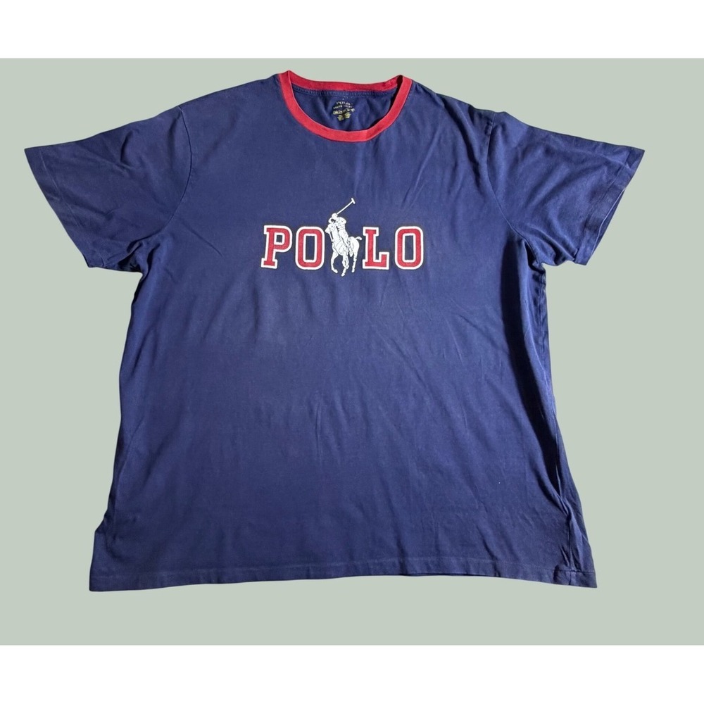 Polo Ralph Lauren Mens 2XB Navy Blue Red Ringer Big Pony Graphic T-Shirt Cotton